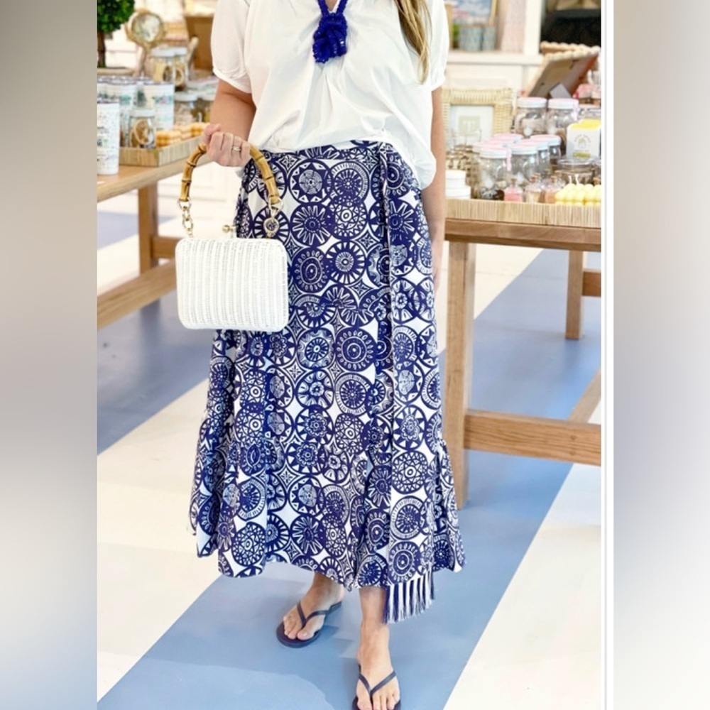 Marie Oliver Navy Blue and White Printed Tiered Skirt